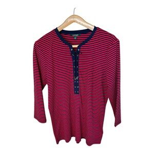 Lauren Ralph Lauren Lace Up Henley Shirt Size 2X Red Navy Striped Cotton Knit
